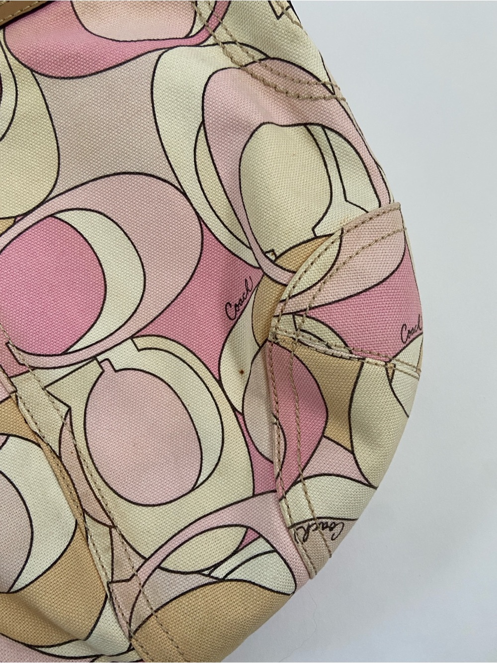 Coach Pink & Tan Signature Optic Print with Braided Handle Hobo Purse - Picture 5 of 9